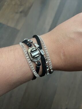 Buckle Black and Silver Multi-Strand Crystal Leather Wrap Bracelet